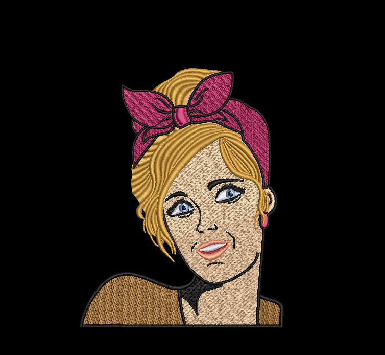 This unique design features a gorgeous gal with her hair up in a classic, comic book style.