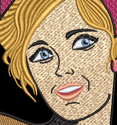 This unique design features a gorgeous gal with her hair up in a classic, comic book style. Close up of design