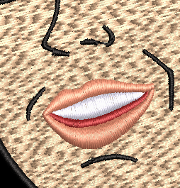 This unique design features a gorgeous gal with her hair up in a classic, comic book style. Close up of design. Stitches Beautifully!