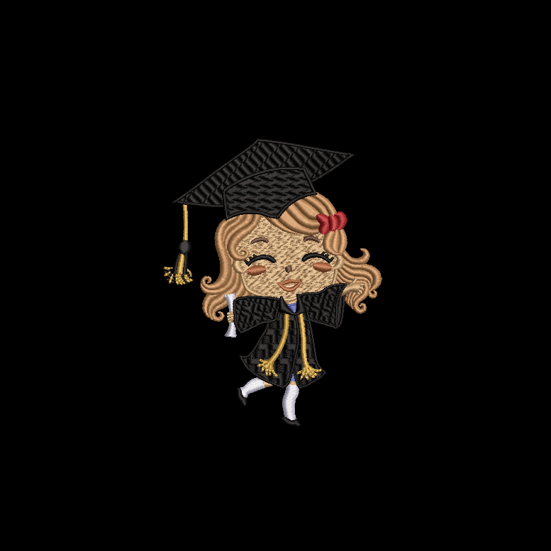 Embroidery design of a graduate girl with a cap and gown on a black background