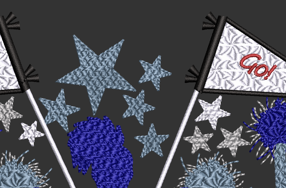 Featuring three iconic jump poses alongside a megaphone, pom-poms, and energetic pendants commanding your team win! Close up of design.