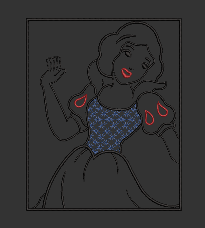 Snow White Outline - Satin Stitches. Beautiful Stich Out.
3 D Effect on Snow Whites Dress Top