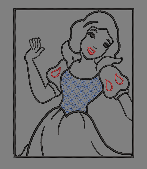 Snow White Outline - Satin Stitches. Beautiful Stich Out.
3D effect on Snow Whites Dress Top - 2 Design Versions included