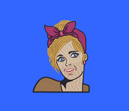 This unique design features a gorgeous gal with her hair up in a classic, comic book style.