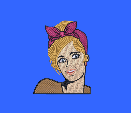 This unique design features a gorgeous gal with her hair up in a classic, comic book style.