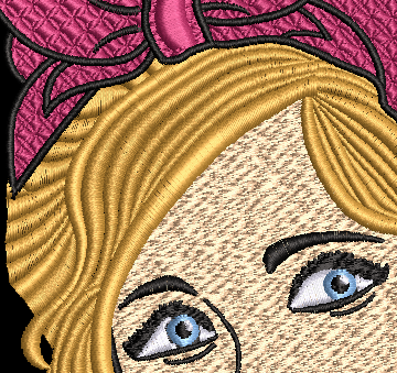 This unique design features a gorgeous gal with her hair up in a classic, comic book style. Close up of design. Stitches Beautifully! 