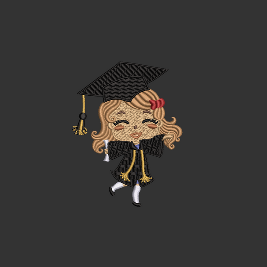 Embroidered design of a graduate with a cap and gown on a dark background