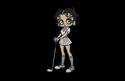 Cartoon character in a golf outfit holding a club on a black background - NOT included in this listing