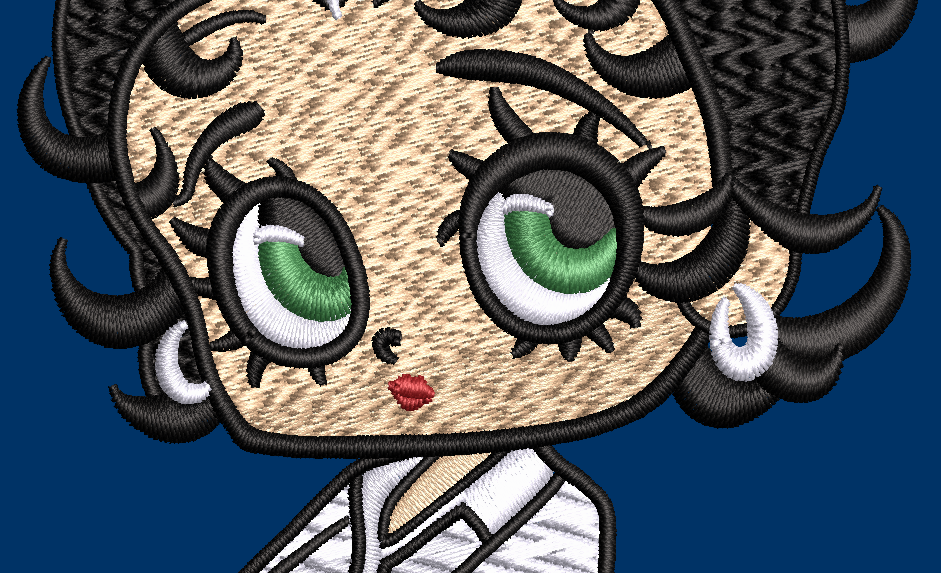 Betty Boop with green eyes, black hair, in golf gear!  Close up of design - NOT included in this listing
