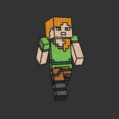 A pixelated Minecraft-style character model centered on a dark gray background, wearing a green shirt, orange hair, and brown pants.