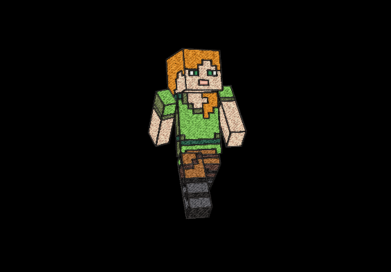 A pixel-art Minecraft-style character stands centered on a solid black background. The figure has orange hair, a green top, beige arms and face, brown pants, and gray boots.