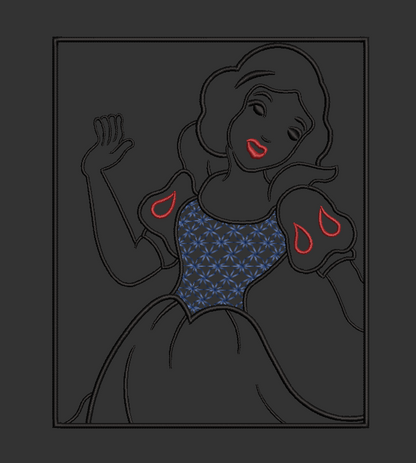 Snow White Outline - Satin Stitches. Beautiful Stich Out.
3 D Effect on Snow Whites Dress Top