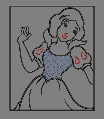 Snow White Outline - Satin Stitches. Beautiful Stich Out.
3D effect on Snow Whites Dress Top - 2 Design Versions included
